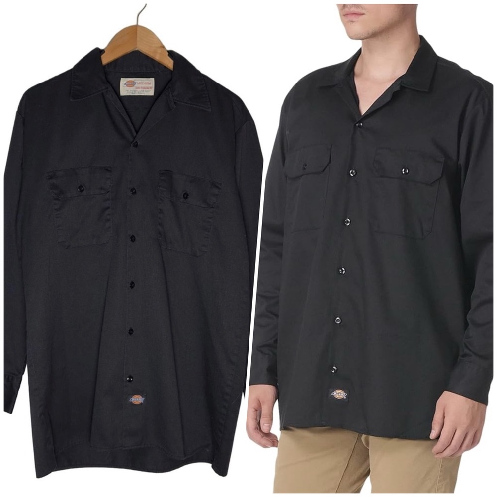 Dickies | Men | Black Twill Long Sleeve Button Up Work Shirt | Size Medium